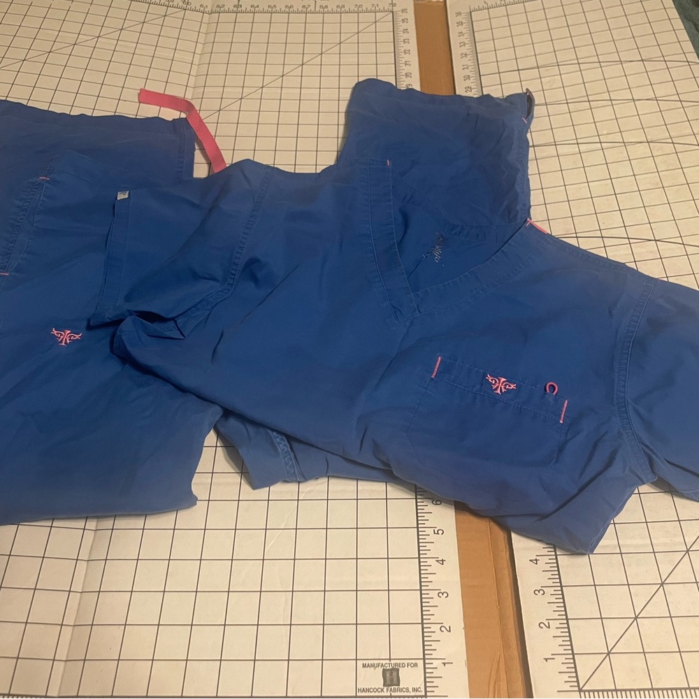 Med Couture Blue Scrub Set with Pink Accents
